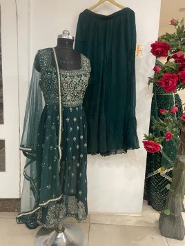 BOTTLE GREEN GEORGETTE CUT SLITS LONG TOP MIRROR+THREAD WORKED WITH PLAZO AND NET DUPATTA