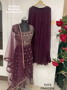 WINE GEORGETTE CUT SLITS LONG TOP MIRROR+THREAD WORKED WITH PLAZO AND NET DUPATTA