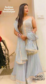 GRAY GEORGETTE SHARARA SUIT WITH GOTTA WITH WORKED AND THREAD EMBROIDERY