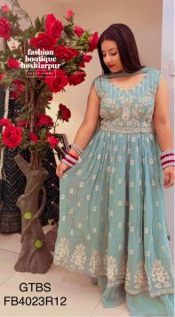 SEA GREEN THREAD WORKED GEORGETTE LONG SHIRT SIDE CUT SLITS WITH PLAZO AND DUPATTA