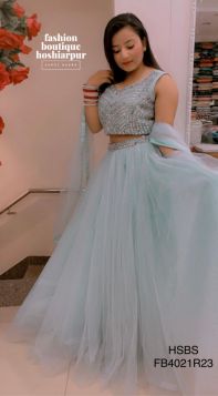 SKY BLUE NET LEHNGA WITH MIRROR WORK ON BLOUSE AND NET DUPATTA