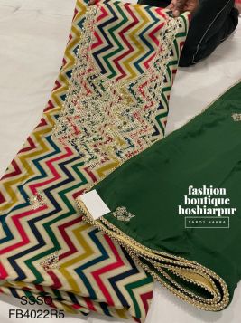 MULTI COLORED PARTY WEAR CREPE NECK EMBROIRED UN STITCHED SUIT WITH CONTRAST CHINON DUPATTA