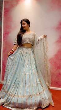 SKY BLUE GEORGETTE GOTTA PATTI WORKED ON LEHNGA WITH FULL HEAVY MIRROR WORKED BLOUSE AND ORGANZA CUT WORKED DUPATTA