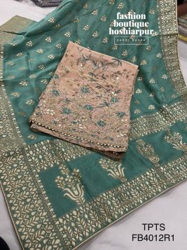 ORGANZA LIGHT PEACH GOTTA PATTIO WORKED UNSTITCH PARTY WEAR SUIT WITH CONTRAST GREEN BANARSI DUPATTA