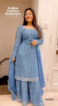BLUE CUSTOMIZED SHARARA SUIT IN LAKHNAVI MATERIAL 