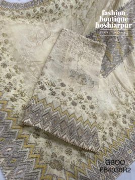PRINTED SILK UNSTITCH PARTY WEAR SUIT IN LIGHT LEMON COLOR