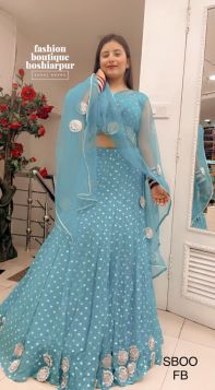 SKYBLUE LEHNGA CHOLI WITH PATCH WORK AND NET DUPATTA WITH PATCH WORK