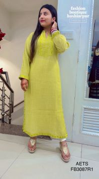 PARROT GREEN COTTON KURTI WITH MIRROR NECK EMBROIDERY