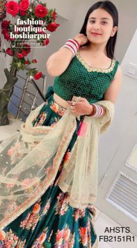 BOTTLE GREEN VELVET PRINTED LEHNGA WITH CHOLI AND GOLDEN NET DUPATTA