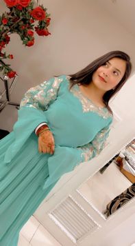 SEA GREEN GEORGETTE LONG DRESS WITH NECK AND SLEEVES EMBROIDERY