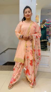 PEACH COLORED SILK PEPLUM WITH DHOTTI SALWAR PRINTED AND PRINTED DUPATTA