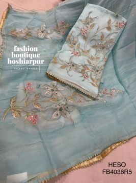 SKYBLUE PARTY WEAR PAINTED UNSTITCH SUIT ON GOTA WORK IN ORGANZA FABRIC