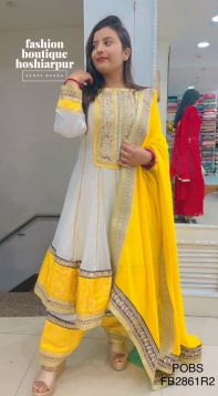 WHITE SILK ANARKALI NECK GOTTA PATTI EMBROIDERED WITH SALWAR AND CONTRAST YELLOW 4-SIDED DUPATTA
